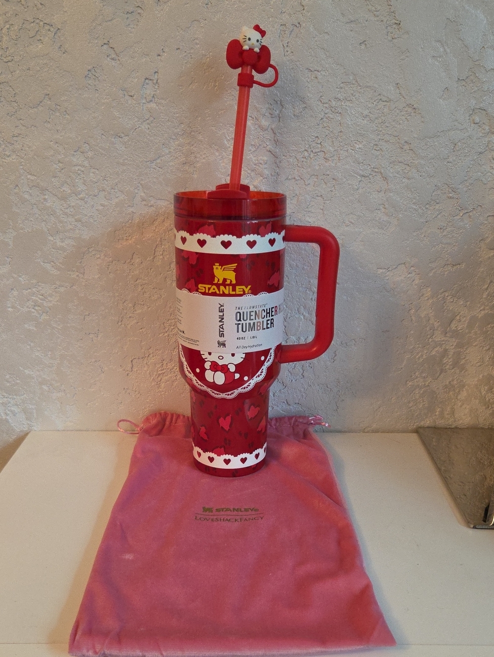 Stanley Red Heart-Pattern Quencher Tumbler with Handle and Straw